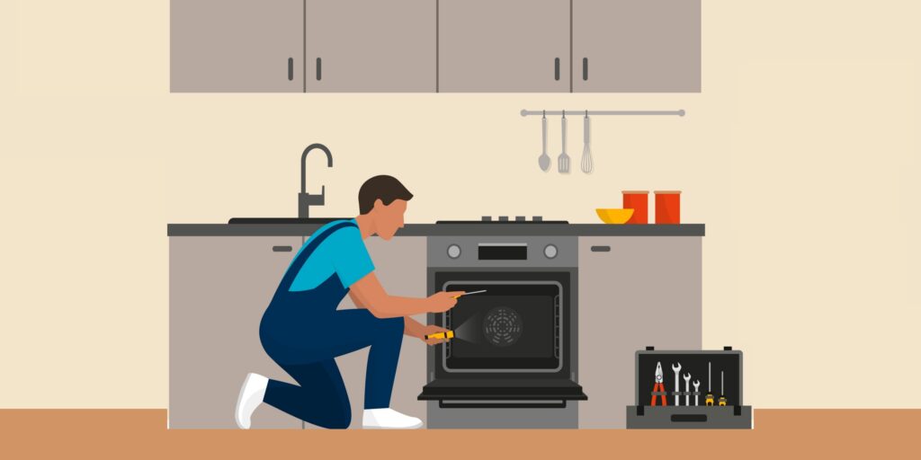 Expert repairman fixing a broken oven in a kitchen, home appliance repair service concept